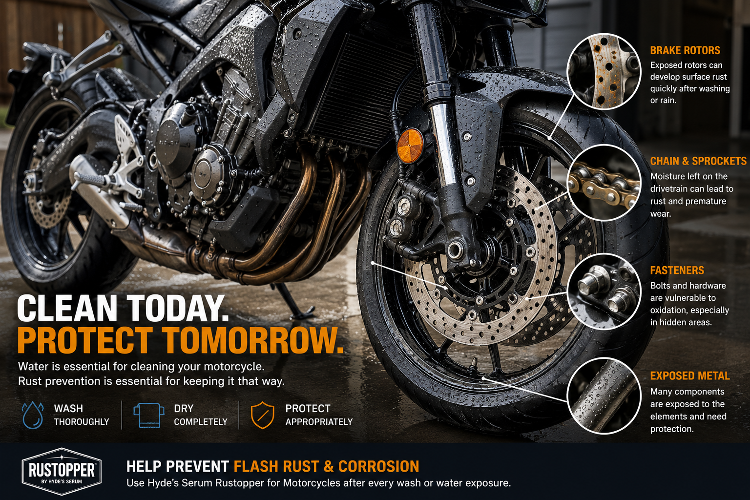 Freshly washed motorcycle showing brake rotors, chain, fasteners and exposed metal areas vulnerable to rust after washing