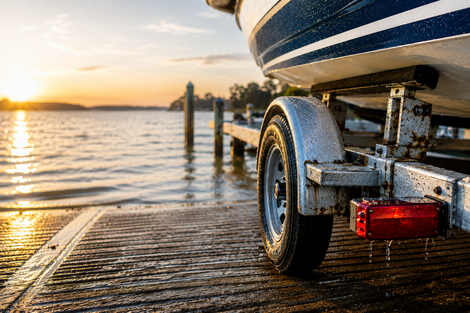 Boat trailer with visible rust and corrosion after saltwater exposure at a boat ramp
