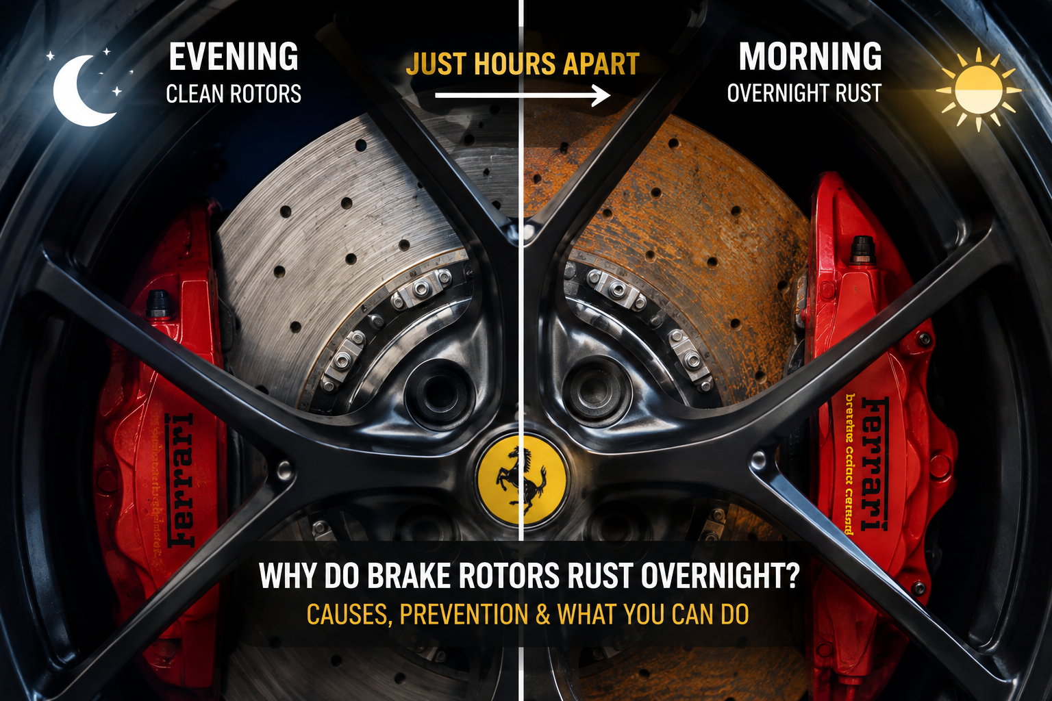 Clean brake rotor compared with overnight surface rust on a performance car, showing how brake rotors can rust after moisture exposure.