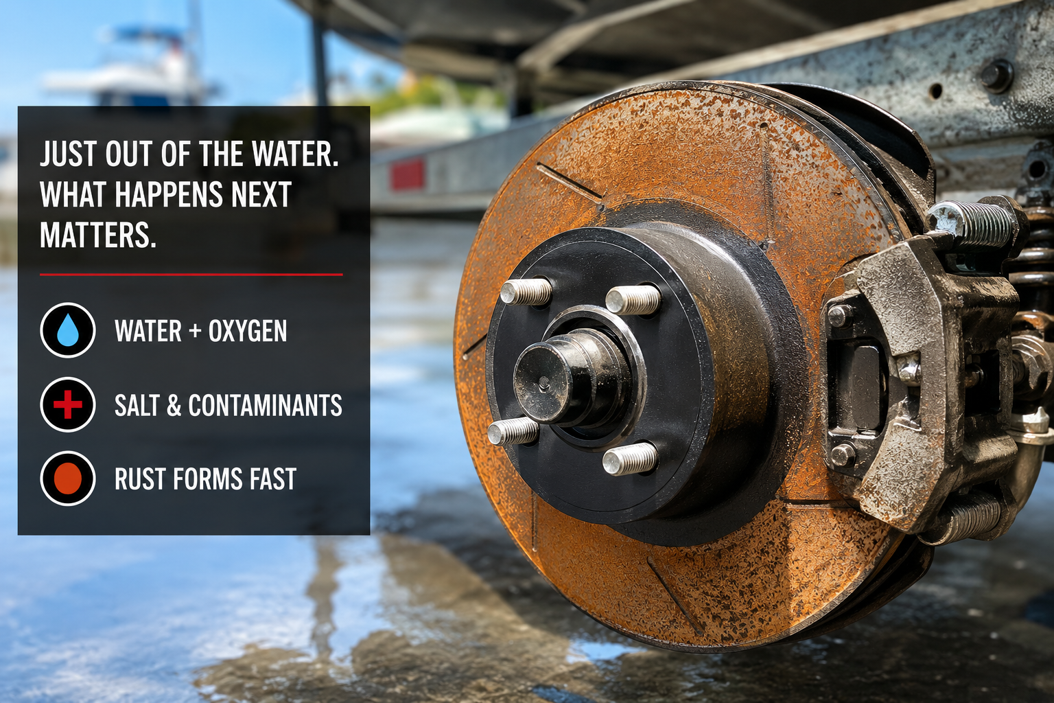 Rust-covered boat trailer brake rotor after water exposure, showing how moisture, oxygen and salt contribute to corrosion.