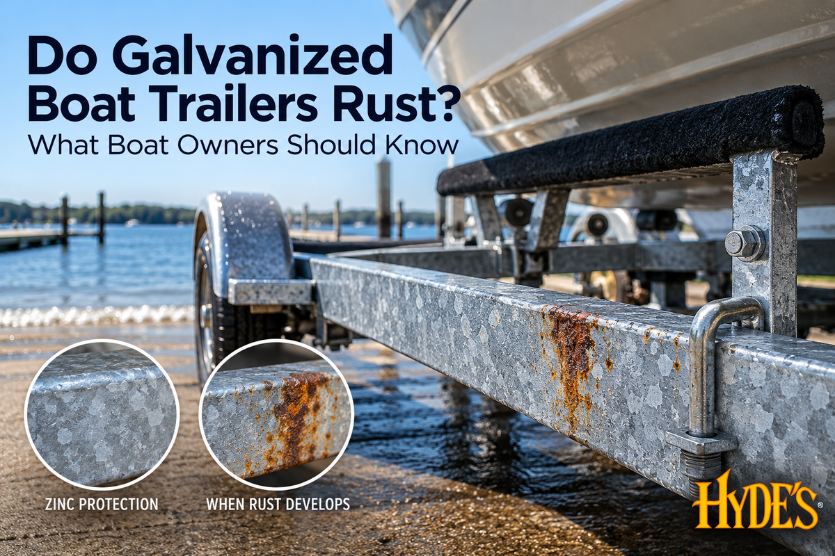 Galvanized boat trailer showing zinc coating and areas of red rust after water exposure
